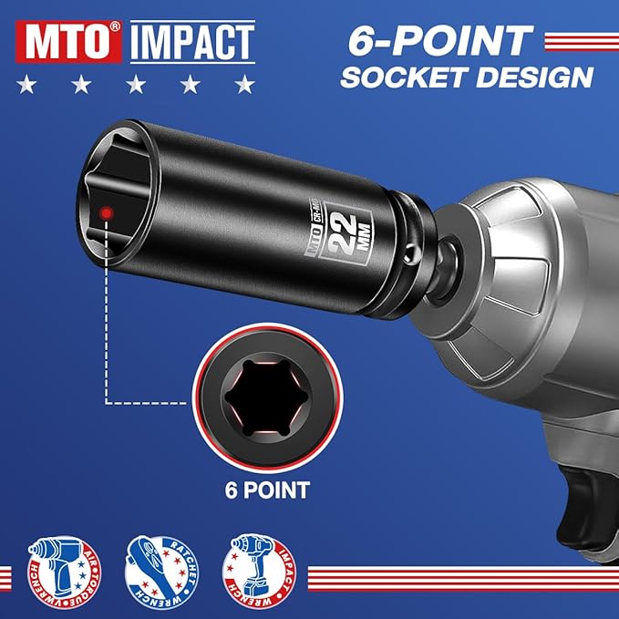 MTO 1/2" Drive 22mm Deep Impact Socket, 6 Pt. Metric Socket, CR-MO Steel & Anti-Corrosion Coating for Heavy-Duty Use