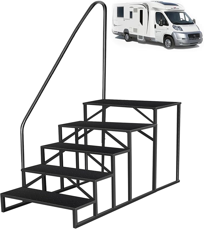 RV Steps with Handrail｜5 Step RV Steps｜Update 3.0 Outdoor Mobile Home Stairs with Anti-Slip Pedals｜RV Ladders for Travel Trailers｜Heavy Duty Camper Steps for Camper, Porch, Spa
