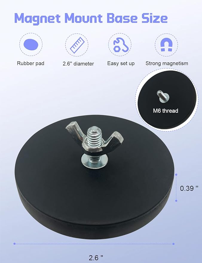 Rubber Coated Magnets - 60LBS Strong Neodymium Magnet Base Universal Magnet Base with M6 Threaded Stud for Mirror Camera, Monitor, Truck, Trailer, Van and Other Devices - 4 Set