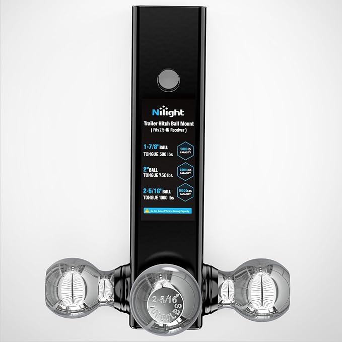 Nilight Multi-Ball Trailer Hitch Ball Mount, 1-7/8, 2, 2-5/16-Inch Balls, Triple Ball Mount fits 2-1/2-Inch Hitch Receiver, Chrome Plating