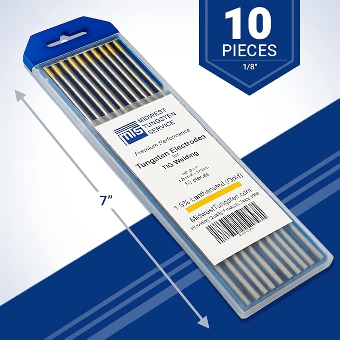 Midwest Tungsten Service TIG Welding Tungsten Electrodes 10-Pack (Gold - 1.5% Lanthanated Tungsten (WL15/EWLa-1.5), 1/8")