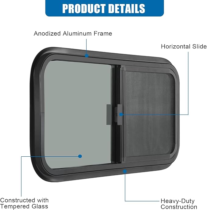 Horizontal RV Window, 42" W x 22" H Tinted Sliding RV Window with Net Screen and Trim Ring, Suitable for 15/16" or 1-3/8" and Slightly Thicker Up to 1/16" Walls, DOT Approved