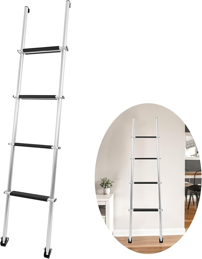 KUAFU 60'' Bunk Bed Ladder with RV W/Hook and Rubber Foot Pads Aluminum RV Camper Bunk Ladder with Non-Skid Steps for Safe Climbing 450LBS