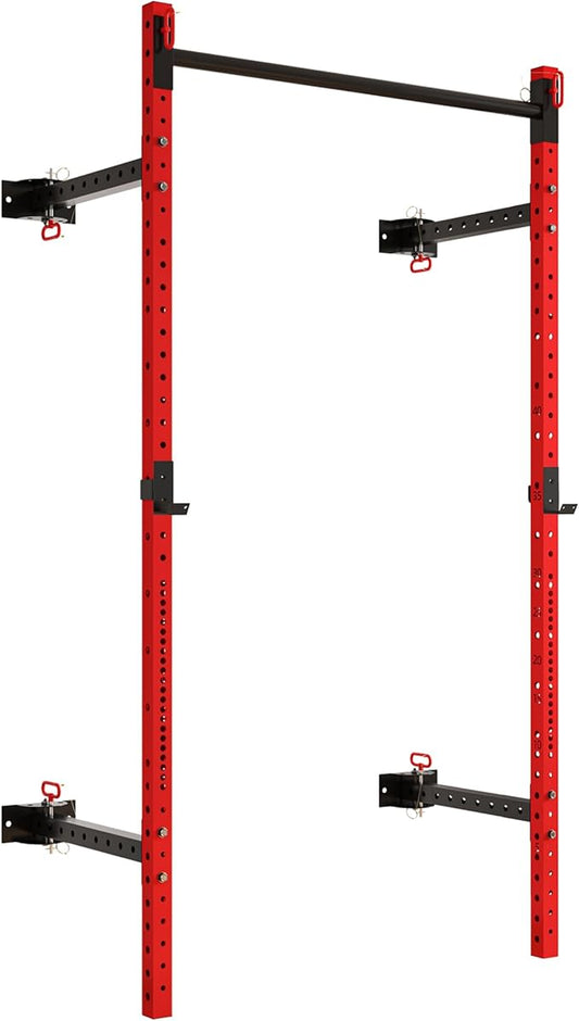 Soozier Folding Squat Rack with Adjustable Pull-Up Bar, 1000 Pounds Capacity Wall Mounted Power Rack, Adjustable Barbell Rack with J Hooks for Home Gym Full Body Workout