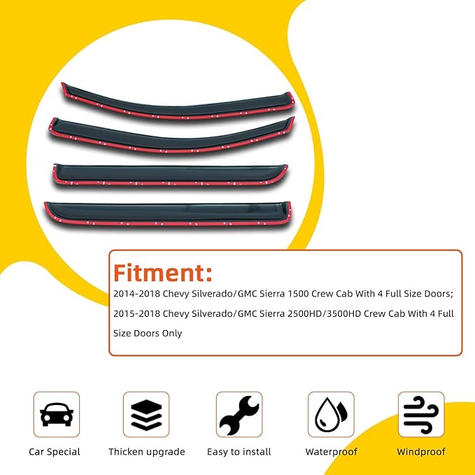 Window Visor Rain Guards Compatible with 2014-2018 Chevy Silverado/GMC Sierra Crew Cab Window Wind Deflectors Vent Visors Shades for Truck Accessories Tape-On Adhesive Mount
