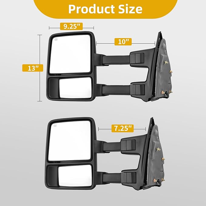 DWVO Power Heated Towing Mirrors for 1999-2007 Ford F-250, F-350, F-450 Super Duty and 2001-2005 Excursion, Amber Turn Signal, Extendable, Foldable Tow Side Mirrors, Pickup Accessories, Black
