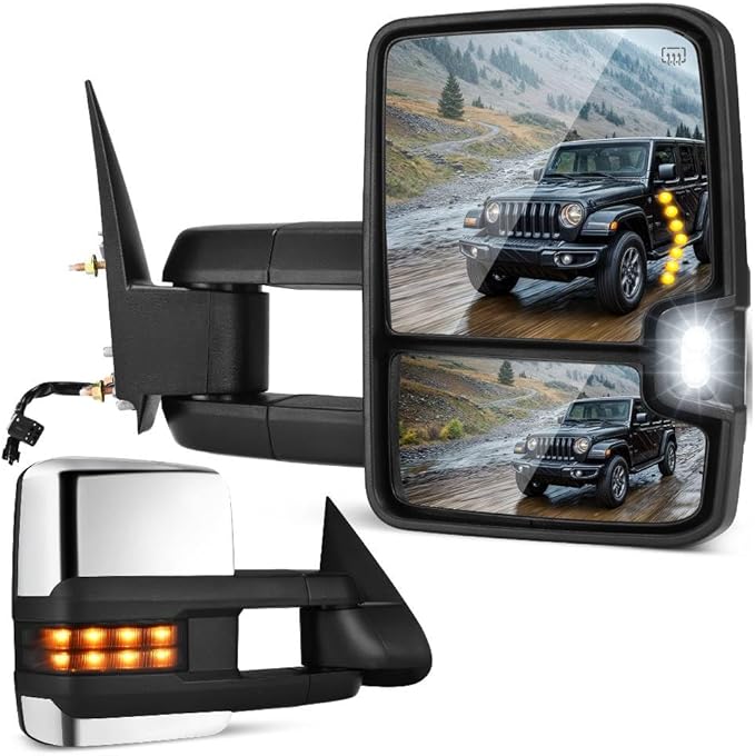 DWVO Towing Mirrors Compatible with Sierra Silverado 1500 2500, 1999-2002 GMC Yukon XL, Adjusted Glass Heated Power Turn Signal Light Backup Lamp Telescoping Chrome