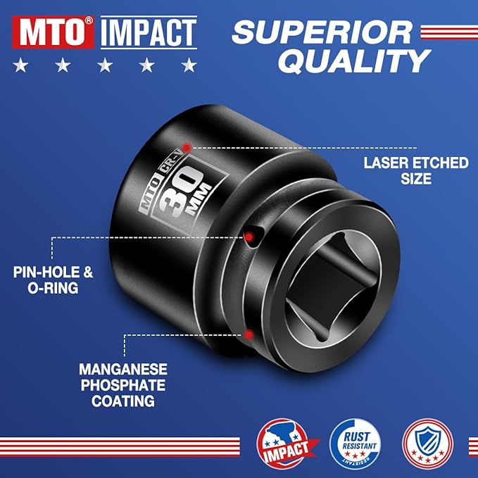 MTO 1/2" Drive 30mm Shallow Impact Socket, 6-Point Metric Socket for Automotive Maintaince, CR-V Steel Meets ANSI Standards