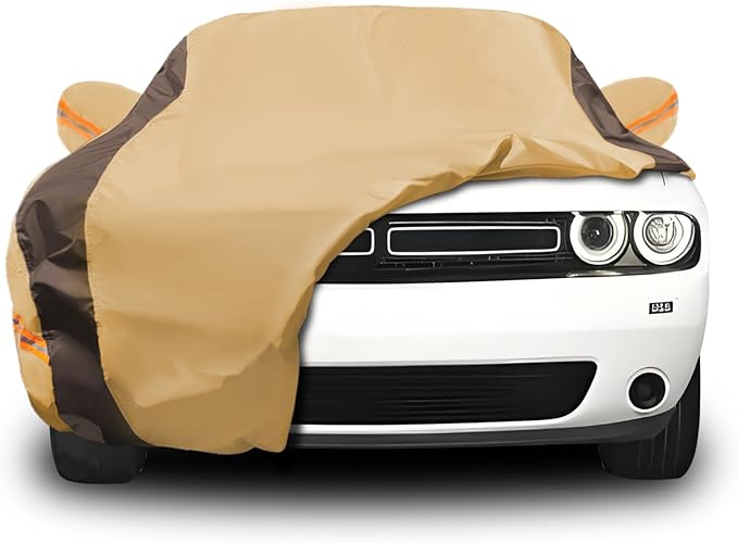 Car Cover Waterproof All Weather Compatible with Dodge Challenger SXT, GT, Hellcat, R/T, SE, Daytona, SRT, SRT8, Outdoor Anti-UV Sun Rain Protection Full Exterior Cover