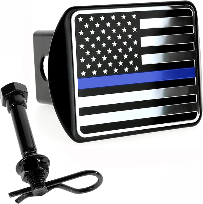 eVerHITCH USA American Flag Metal Hitch Cover (Fits 2" Receivers, Black & Chrome with Thin Blue line)