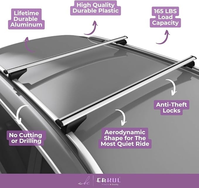 ERKUL Roof Rack Cross Bars for Mercedes Benz GLE (V167) 2019-2026 | Aluminum Crossbars with Anti Theft Lock for Rooftop | Compatible with Raised Rails - Silver