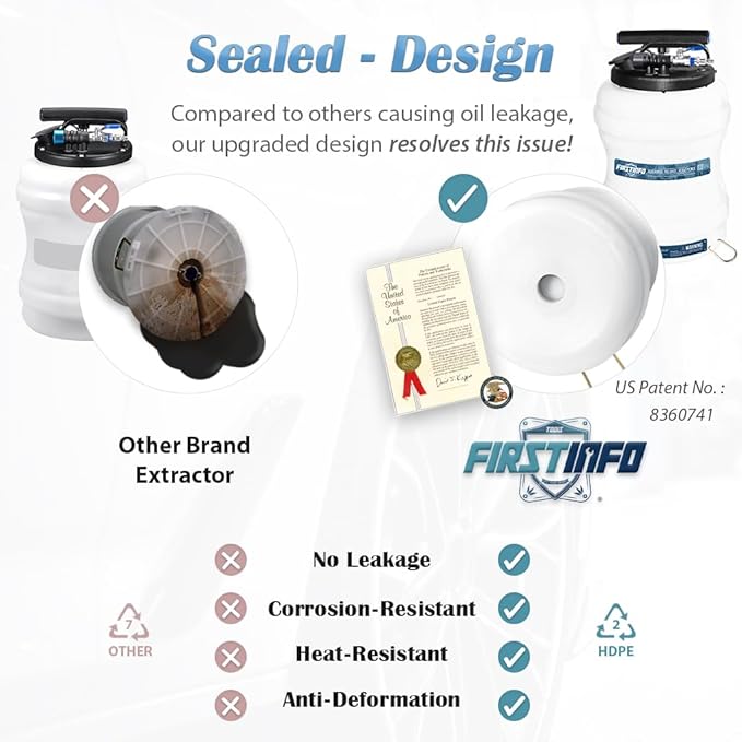 FIRSTINFO A1107USY3 Patented 10.5L / 2.7 Gallon Taiwan Pneumatic/Manual Oil Vacuum Extractor | Oil Change Pump | 47 Inch Tube