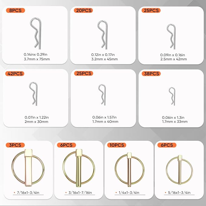 202PCS Hitch Pin, Trailer Pins Clip Pins Assortment Kit for railers Tractors Trucks Towing Mowing Farm Equipment Snow Plows Lawnmowers Garage Heavy Duty Trailers Accessories Tractor Attachments