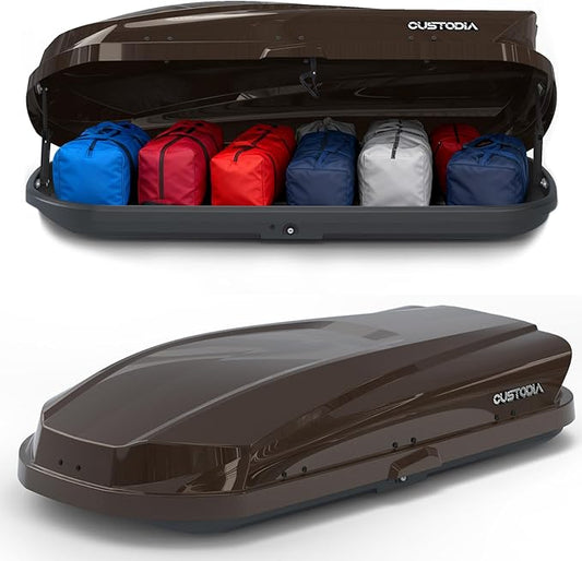 Roof Cargo Box, Dual-Side Opening Design, 14 Cubic Feet Capacity, Waterproof Hard-Shell Storage Box, Includes Straps and Spare Key,Ideal for Travel and Luggage Transport, Brown(Br62)