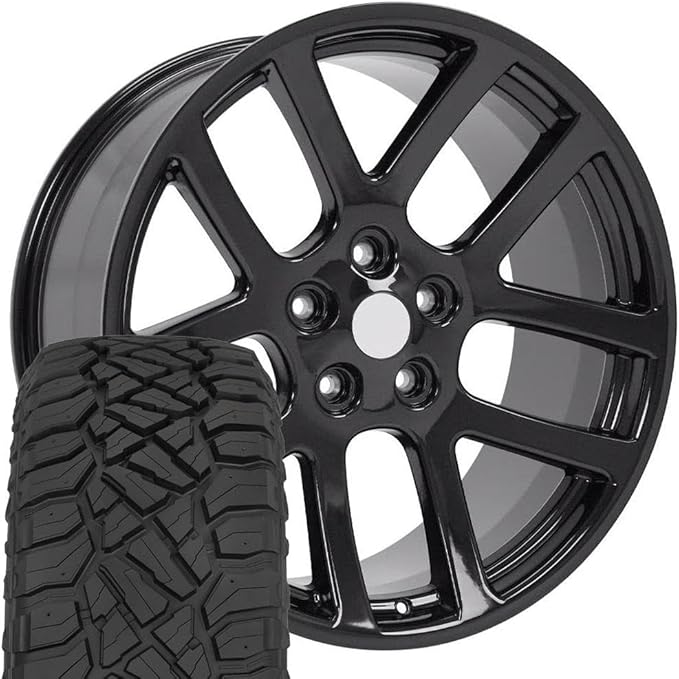 OE Wheels DG51 22 Inch Rims and Tires Fit Ram SRT Style 5x139.7 22x10 Gloss Black - Hollander 2223 - TerraMax RT 33x12.50/22 (Set of 4)