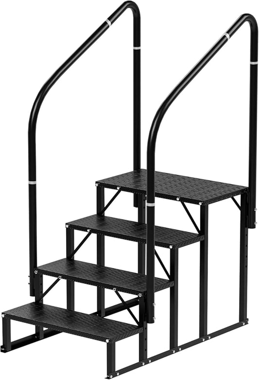 RV Steps With Handrail - 4-Step Stairs for Camper, Trailer, Mobile Home, Hot Tub, Outdoor Spa - Non-Slip Outdoor Stairs