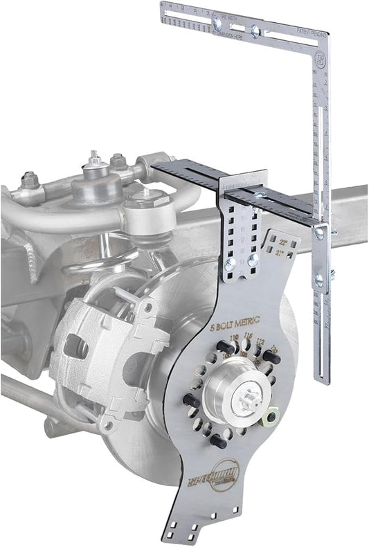 Speedway Motors WheelWise™ 5-Lug Metric Wheel Fitment Tool with Tire Size Attachment, Simulates 14-22 Inch Rim Diameters, 8-14 Inch Widths, 2.5-11.5 Inch Sidewalls, Laser Cut Steel