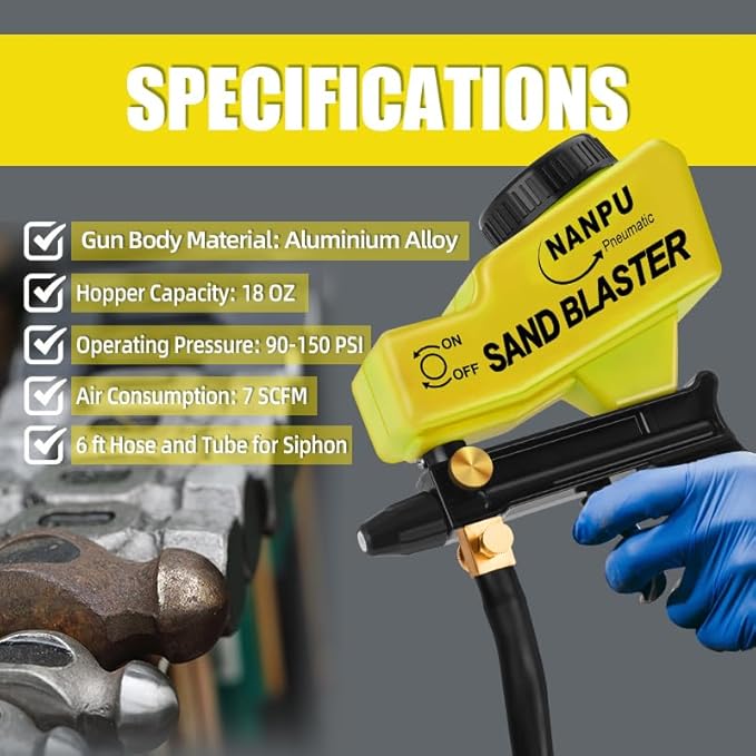 NANPU Light-Duty Air Sandblaster Gun Kit with Siphon & Gravity Feed, Ceramic Nozzle, Metal Body, for Small Project Surface Prep, Paint & Rust Removal, Metal/Wood/Glass Etching, Requires Air Compressor
