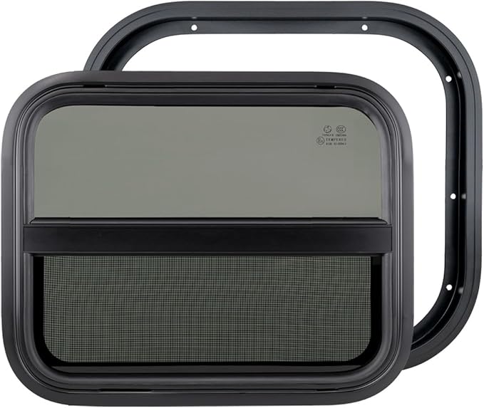 Dulepax Vertical RV Window, 18" W x 15" H Tinted Slide Trailer Window, Tempered Glass Camper Window Replacement with Net Screen and Trim Ring, DOT Approved