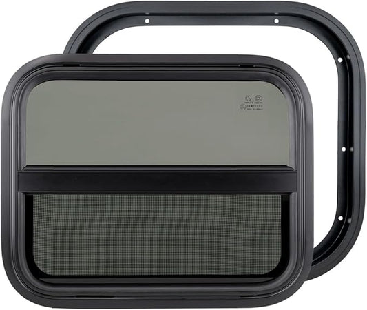 Dulepax Vertical RV Window, 18" W x 15" H Tinted Slide Trailer Window, Tempered Glass Camper Window Replacement with Net Screen and Trim Ring, DOT Approved