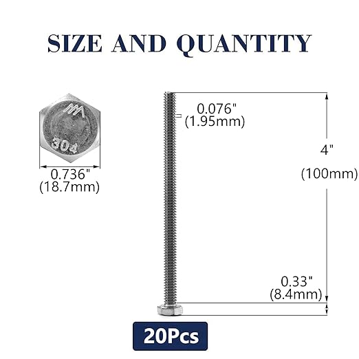 1/2-13 x 4 Hex Head Screw Bolt, 20Pcs 18-8 (304) Stainless Steel, Fully Threaded, Plain Finish, by SG TZH