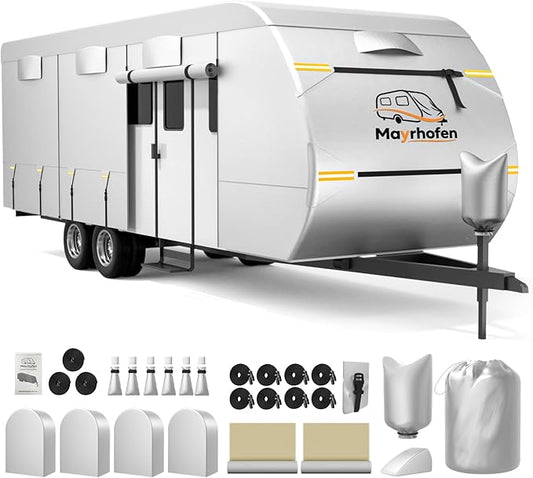 600D Oxford Fabric RV Cover 27-30ft Travel Trailer Cover, 6 Layers Breathable Waterproof Rip-Stop Camper Cover with Adhesive Repair Patches, Gutter, Tire & Additional Straps