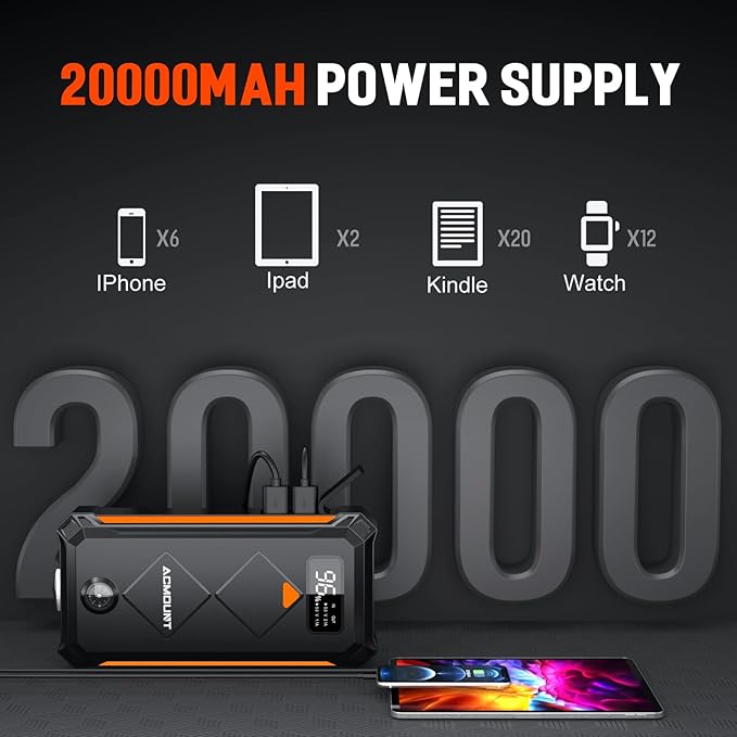 Acmount P110 Car Jump Starter, 5000A Peak Lithium Jump Starter Battery Pack for Up to 10.0L Gas or 8.0L Diesel Engine, Safe 12V Portable Battery Starter Power Pack with LED Screen & LED Light - Orange