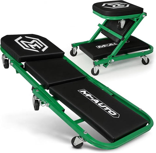 M-AUTO Foldable Z Creeper 2-in-1 Rolling Folding Car Creeper & Seat, 36" Adjustable Roller Garage Chair Lay Down or Sit, 330LBS Capacity Under Car Roller Creeper with 6 Swivel Casters, Green