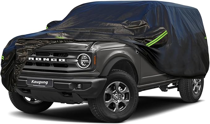 KouKou Waterproof SUV Car Cover Suitable for Ford Bronco 4 Door from 2020 to 2025, 7 Layers Windproof All Weather Waterproof Outdoor Cover Sun Rain UV Dust Snow Protection. Black