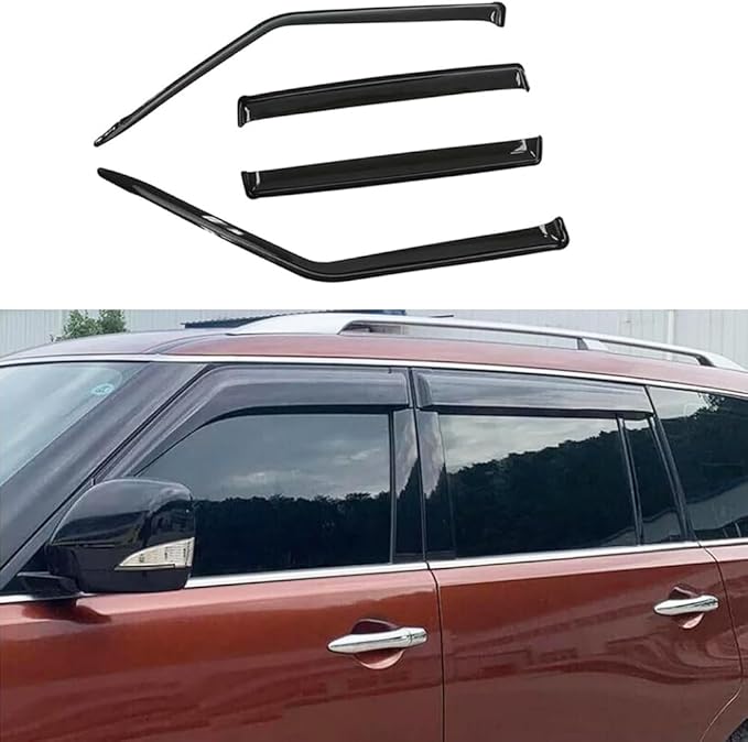 NI60 Side Window Visor Wind Vent Deflector fit for 2017-2023 Nissan Armada,4pcs Dark Smoke Tint Nice Looking Outside Mount Style Tape On Sun Rain Guards Set