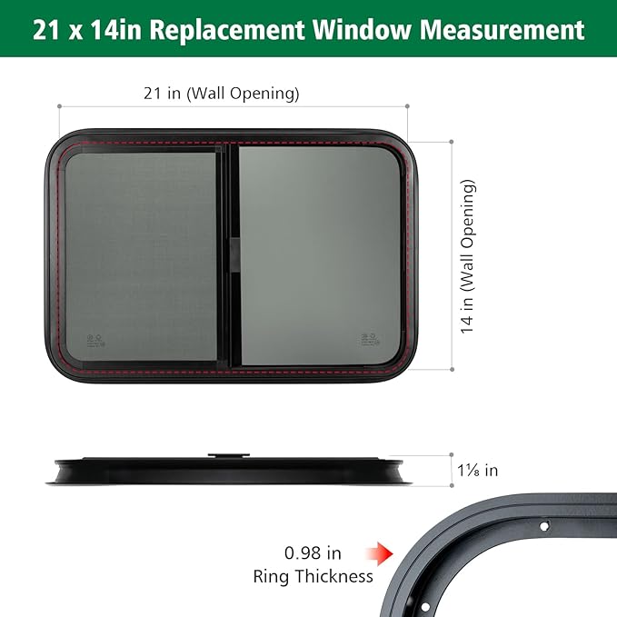 Dulepax Horizontal RV Window, 21" W x 14" H Tinted Slide Trailer Window, Tempered Glass Camper Window Replacement with Net Screen and Trim Ring, DOT Approved