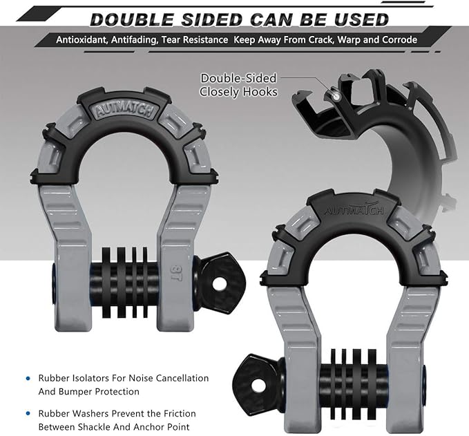 AUTMATCH D Ring Shackles 3/4" Mega Shackle (2 Pack) 68,000Ibs Break Strength - Heavy Duty Clevis Shackles with 7/8" Screw Pin and Isolator Washer for Tow Strap Winch Off Road Vehicle Recovery, Gray