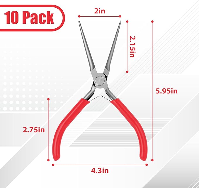 10 Pack Mini Needle Nose Pliers Bulk, 6 Inch Precision Pliers Set with Extra Long Tips for Jewelry Making, Wire Wrapping, Small Object Gripping, DIY Project(Red)