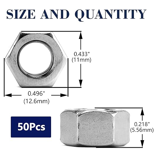 1/4-20 Hex Nuts 50Pcs 304 Stainless Steel 18-8, Full Thread, Hex Drive, Bright Finish by SG TZH