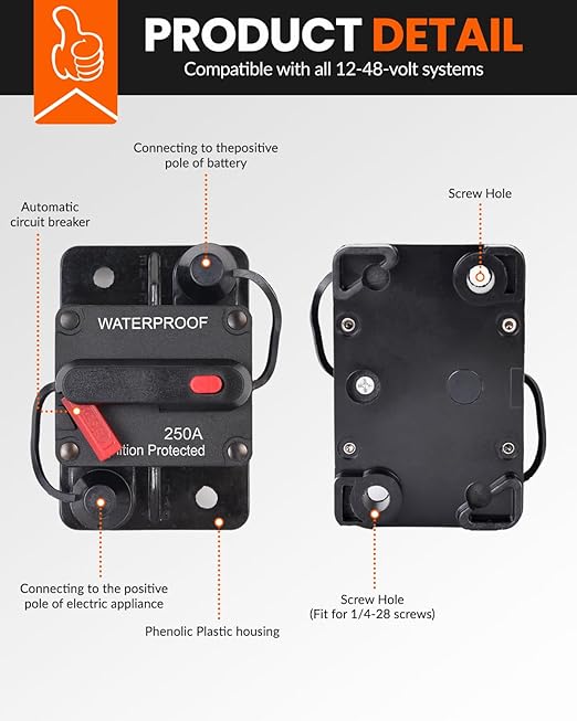 100 Amp Circuit Breaker with Manual Reset Waterproof Inline Fuse Inverter for Marine Trolling Motors Boat ATV Manual Power, Suface Mount, 12V-48V DC (100A)