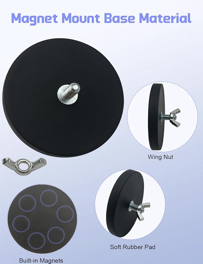 Rubber Coated Magnets - 60LBS Strong Neodymium Magnet Base Universal Magnet Base with M6 Threaded Stud for Mirror Camera, Monitor, Truck, Trailer, Van and Other Devices - 4 Set