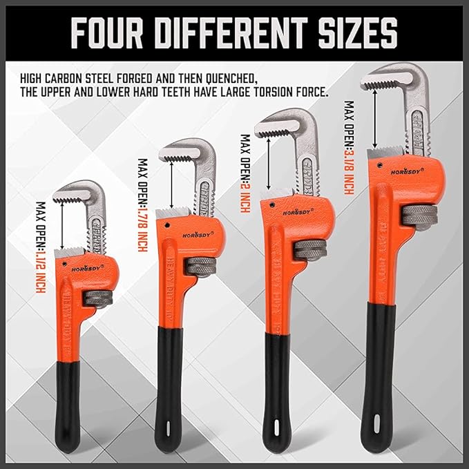 HORUSDY 4 Pack Heavy Duty Pipe Wrench Set, Adjustable 8" 10" 12" 14" Soft Grip Plumbing Wrench Set with Storage Bag