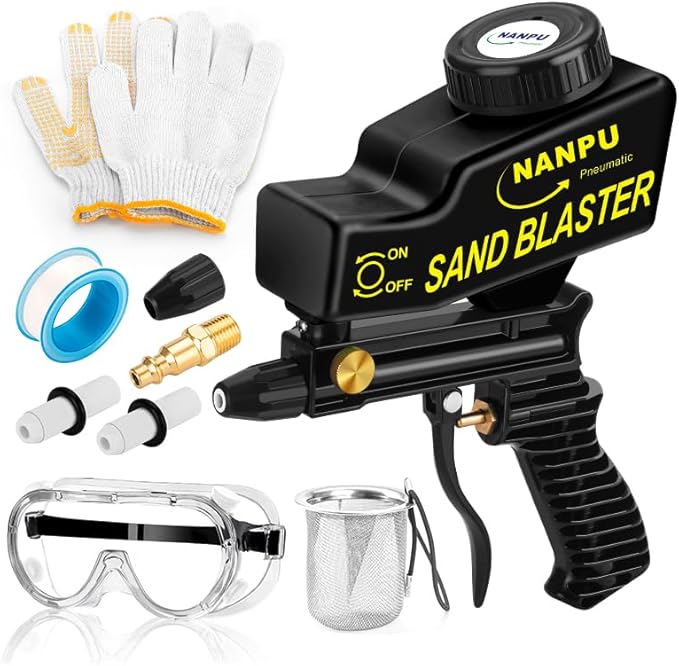 NANPU Light-Duty Air Sandblaster Gun Kit with Gravity Feed, Ceramic Nozzle, Metal Body, for Small Project Surface Prep, Paint & Rust Removal, Metal/Wood/Glass Etching, Requires Air Compressor