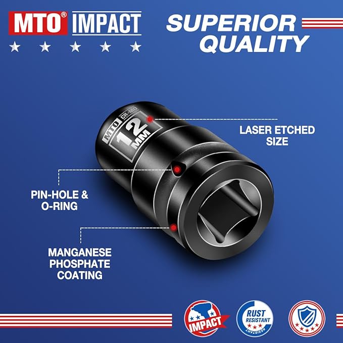 MTO 1/2" Drive 12mm Shallow Impact Socket, 6-Point Metric Socket, CR-MO Steel & Anti-Corrosion Coating for Tight Spaces and Heavy-Duty Tasks