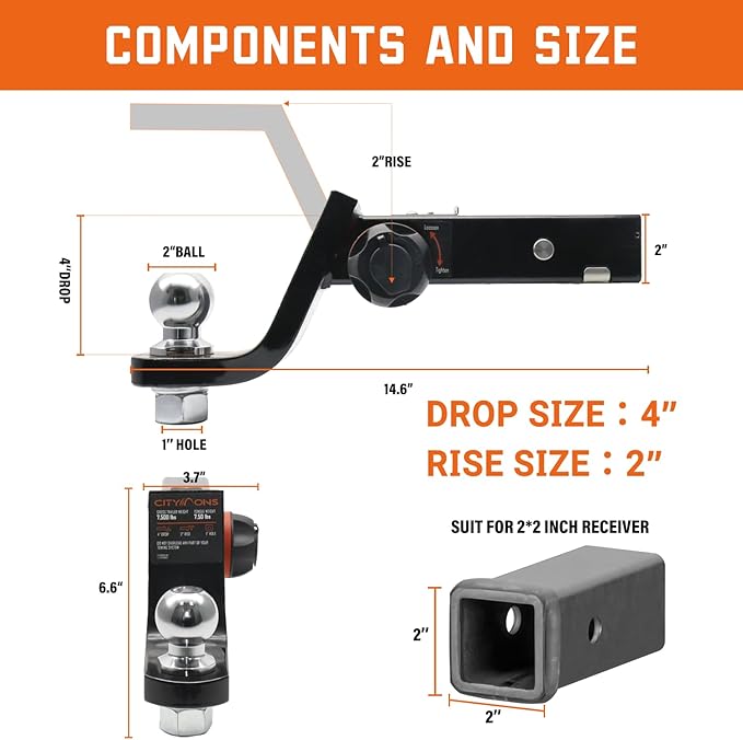 Endo-Hitch Trailer Ball Mount, Reduce Sway Anti-Rattle, 4" Drop Hitch with 2" Ball for 2" Receiver, Tow Hitch with Lock for Rv/Truck/Yachts/ATV/UTV, 7500 LBS GTW