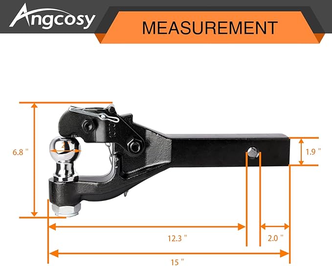 10-Ton Pintle Hook Trailer Hitches Receiver Hook Combination 2” Hitch Ball, 7000 lbs, 15-1/2” Length
