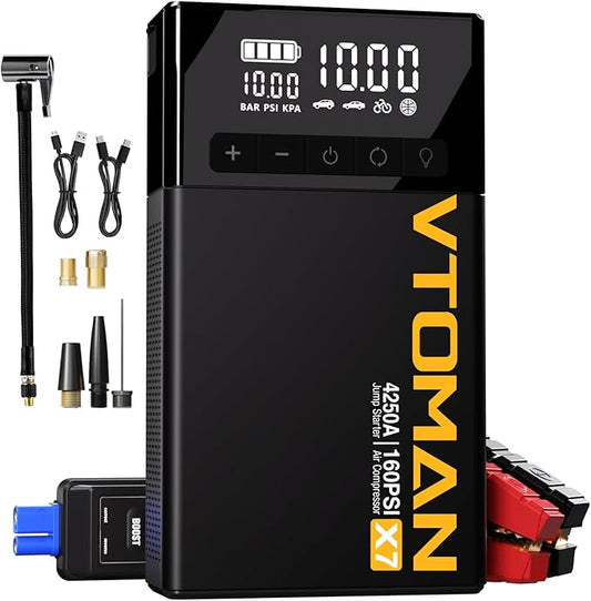 VTOMAN X7 Jump Starter with Air Compressor, 4250A&160PSI Battery Car Jumper Starter Portable Booster Pack (10L Gas/10L Diesel) with Tire Inflator, 12V Lithium Jump Box for Pickup Trucks & Suvs, QC 3.0