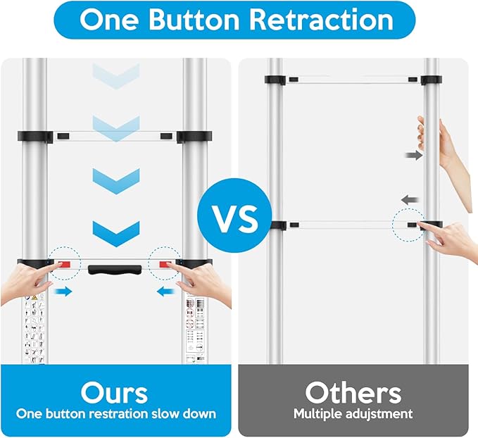 15.5FT Telescoping Ladder, Collapsible Ladder with Bottom Stabilizers, Slow Descent, One-Click Retraction to Protect Finger，Suitable for RV or Outdoor Work