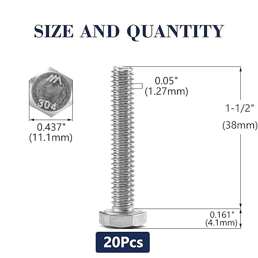 1/4-20 x 1-1/2" Hex Head Screw Bolt, 20Pcs 18-8 (304) Stainless Steel, Fully Threaded, Plain Finish, by SG TZH
