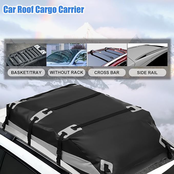 Car Roof Bag, Rooftop Cargo Carrier 21 Cubic Feet, Waterproof Car Topper Luggage Carrier with/Without Rack, Includes Anti-Slip Mat, 8 Reinforced Straps, 8 Door Hooks, Luggage Lock, Storage Bag
