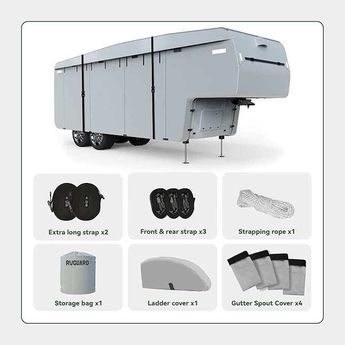 RVGUARD 5th Wheel RV Cover, Camper Cover for 37' - 41' RV, 6 Layers Anti-UV Windproof Waterproof Fifth Wheel Cover, with Storage Bag and Straps, Grey