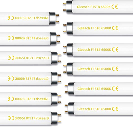 15W 18" T8 Linear Fluorescent Light Tube Bulb, 1.5 Feet F15T8 DL Medium Bi-Pin G13 Base 6500K Daylight 12 Pack