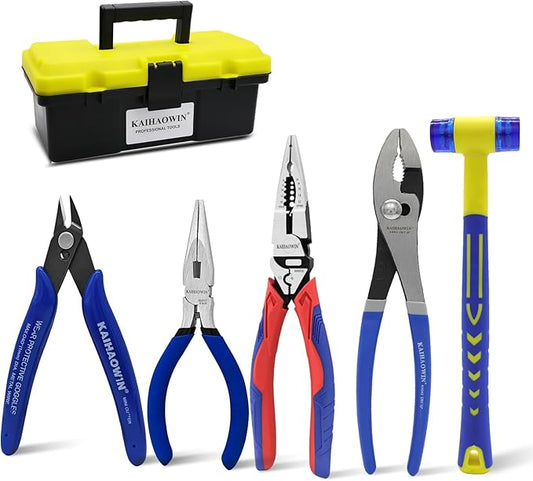 KAIHAOWIN 6-Piece Tool Set with Case, 8.8” Long Nose, Slip Joint Pliers,5” Needle Nose, 5" Flush Cutter, Rubber Mallet for Repairing & Home Use