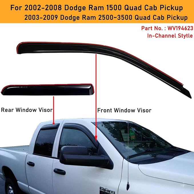 Lightronic Extra Durable Clip-on in-Channel Auto Vent Window Visors, Fits 2002-2008 Dodge Ram 1500, 2003-2009 Ram 2500 & 3500, Quad Cab, UV-Protect Rain Guards, Original Wind Deflector, Smoke, 4-Pcs
