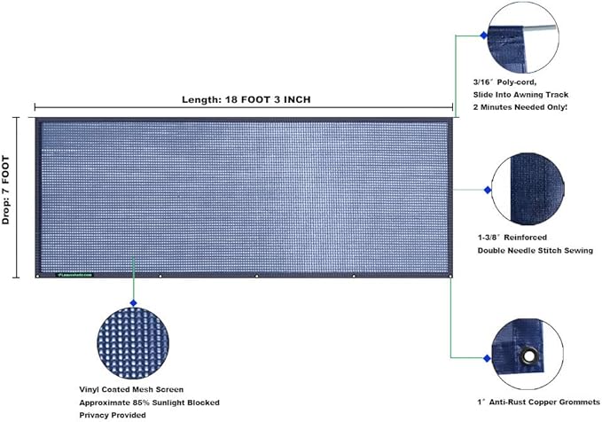 Tentproinc RV Awning Sunshade Screen 7' X 18' 3''(Fit for 19 ft Awning) Mesh Sun Shade for Motorhome Camping Trailer Awning Sunscreen Block UV Glare Sunblocker - 3 Year Warranty (Navy Blue)